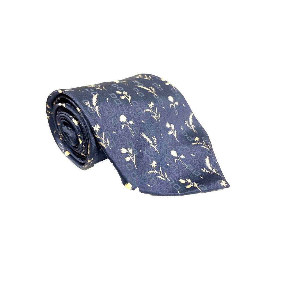 Geoffrey Beene Designer Silk Tie - 90s Vintage Navy/Gold Floral - 4" x 58" Mens